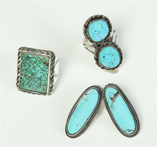 Appraisal: TWO TURQUOISE RINGS AND PAIR OF EARRINGS Late th century