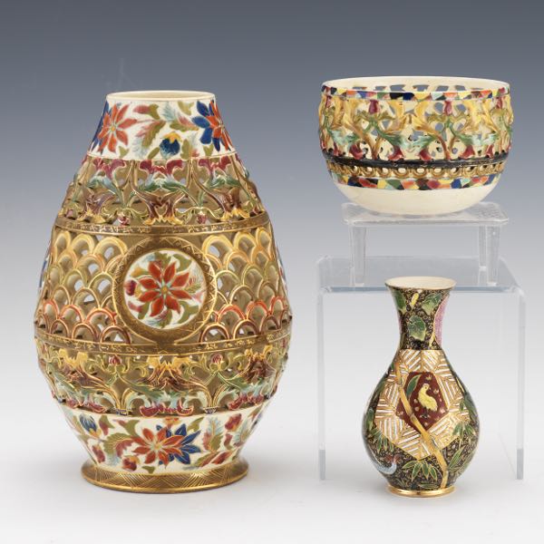 Appraisal: GROUP OF THREE FISCHER BUDAPEST ZSOLNAY CERAMICS Fischer Budapest reticulated