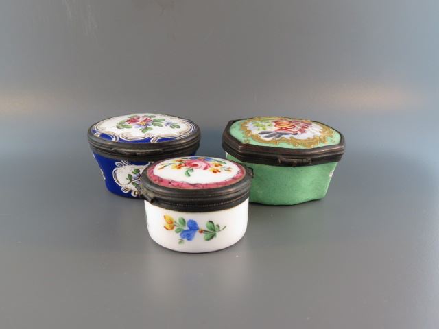 Appraisal: Battersea Enamel Boxes oval round florals bird th century