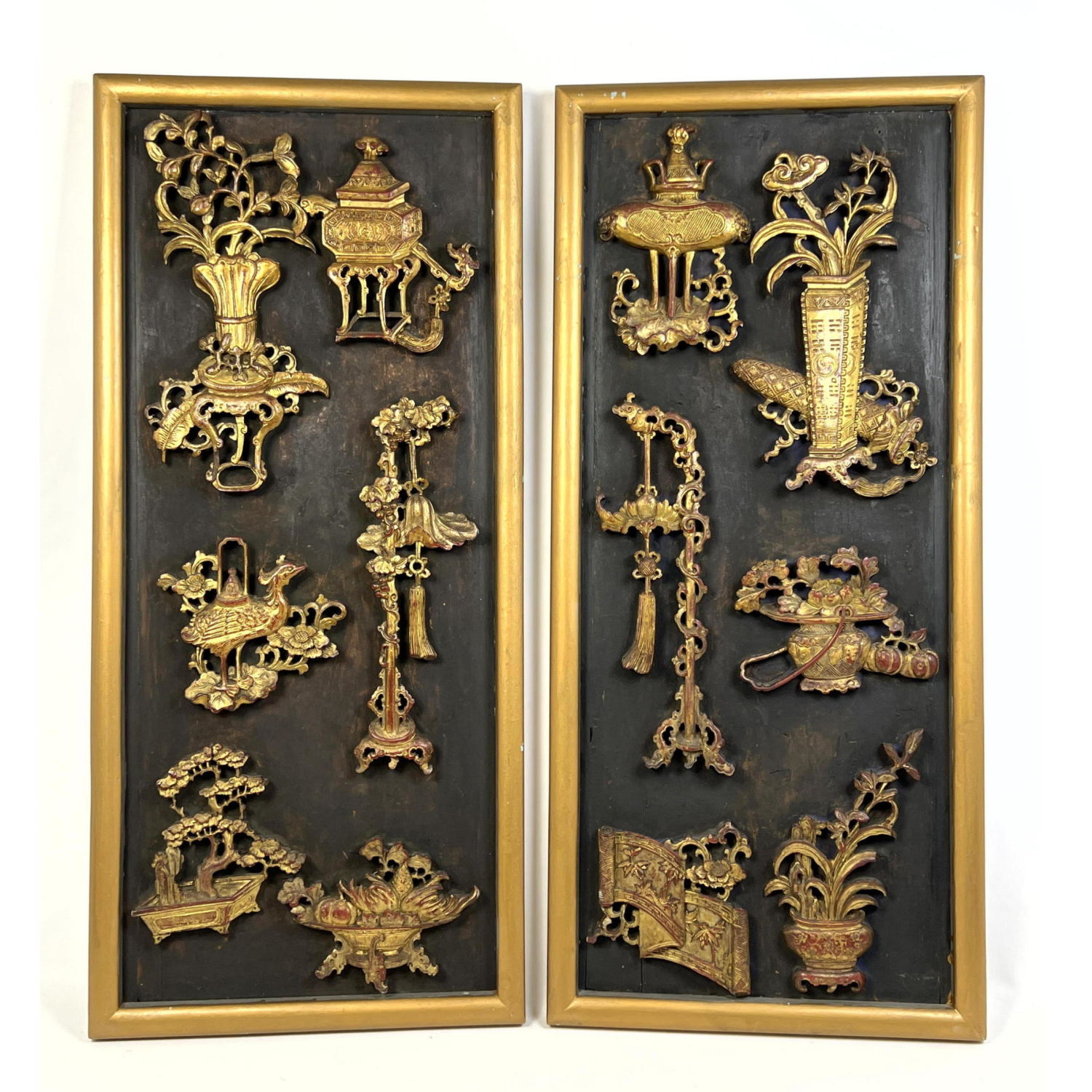 Appraisal: Pr Relief Carved Wood Panels Framed panels Carved images of