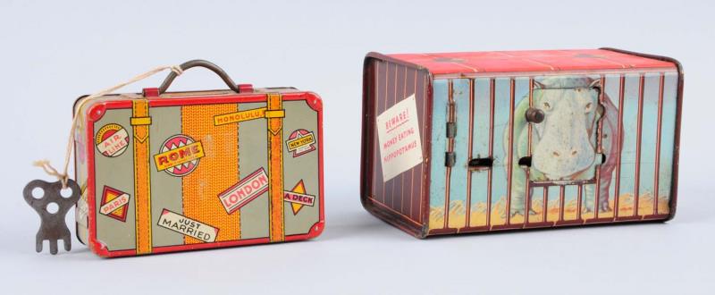 Appraisal: Lot Of Tin Suitcase Still Banks Condition Near Mint Size