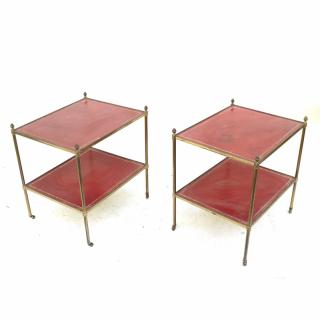 Appraisal: Brass Tooled Red Leather Side Tables Brass and tooled red