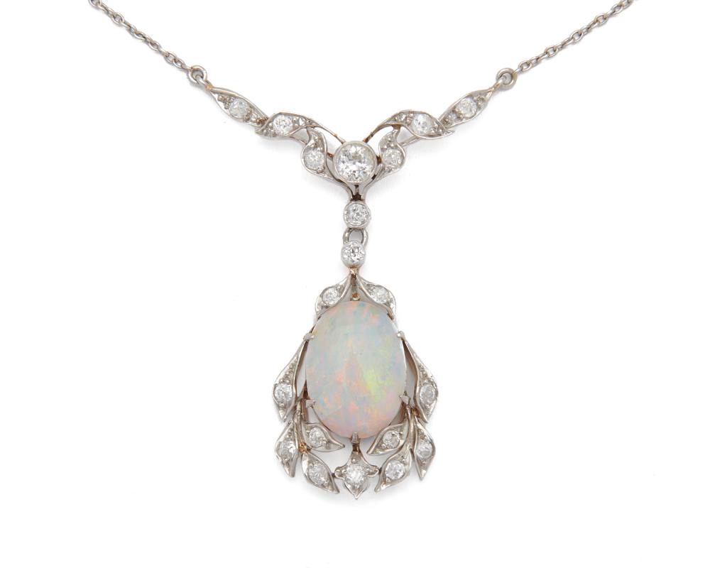 Appraisal: KOHN CO Platinum Opal and Diamond Pendant Necklace ca the