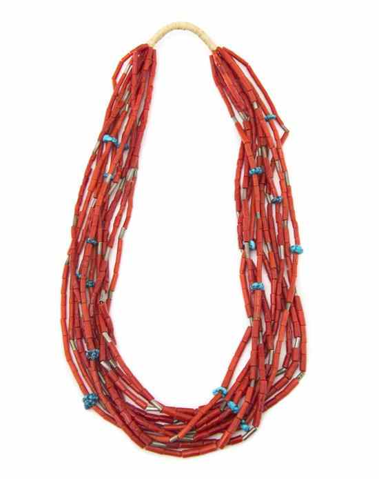 Appraisal: A Santo Domingo Ten Strand Tubular Coral Beaded Necklace circa