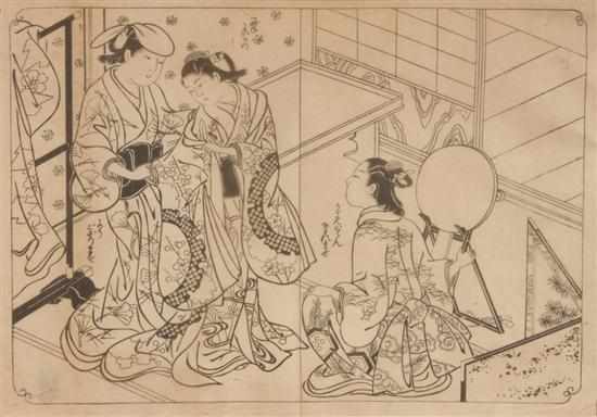 Appraisal: Japanese woodcut Sukenobu - A courtesan dressing with two servants