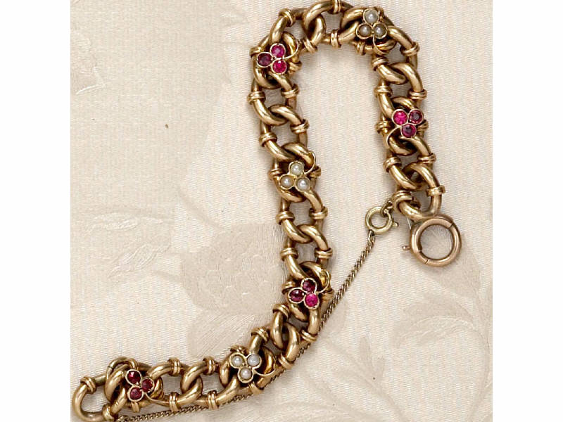 Appraisal: ANTIQUE RUBY AND PEARL LINK BRACELET Late Victorian k rose