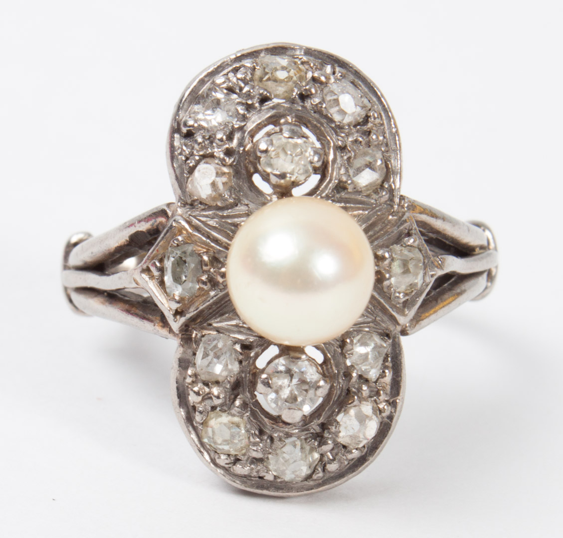 Appraisal: Art Deco K white gold pearl diamond ring presenting a