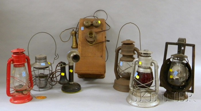 Appraisal: Five Tin Railroad Kerosene Lanterns and Two Kellogg Telephones a