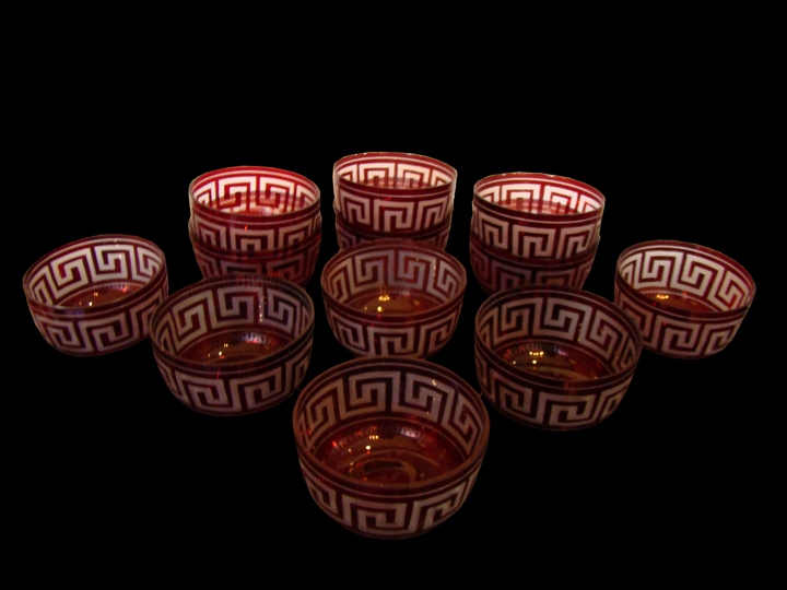 Appraisal: Good Set of Twelve English Ruby-Stained and Greek Key -Engraved