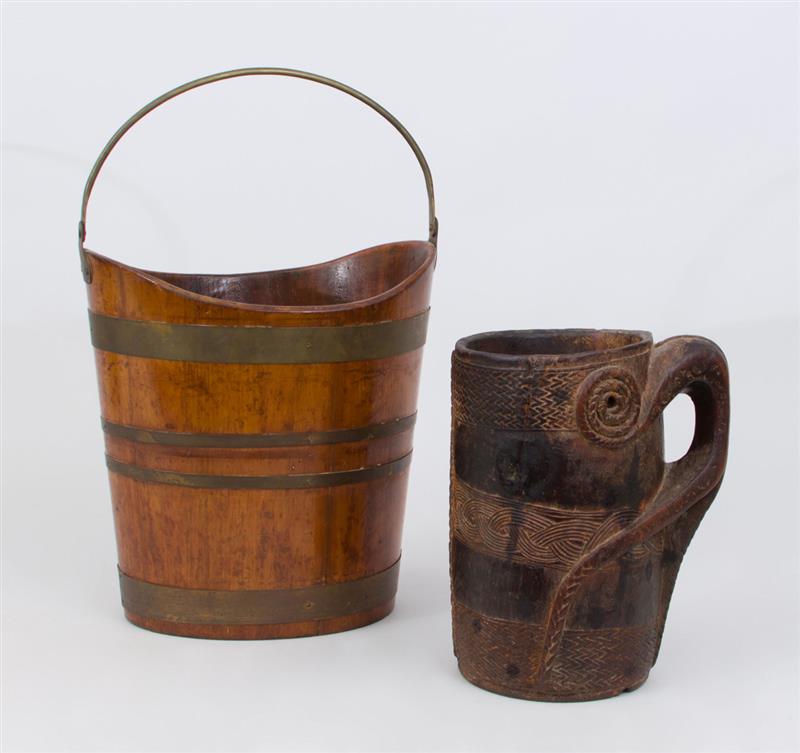 Appraisal: ENGLISH BRASS MAHOGANY NAVETTE-FORM PEAT BUCKET AND AN OVERSIZED TANKARD