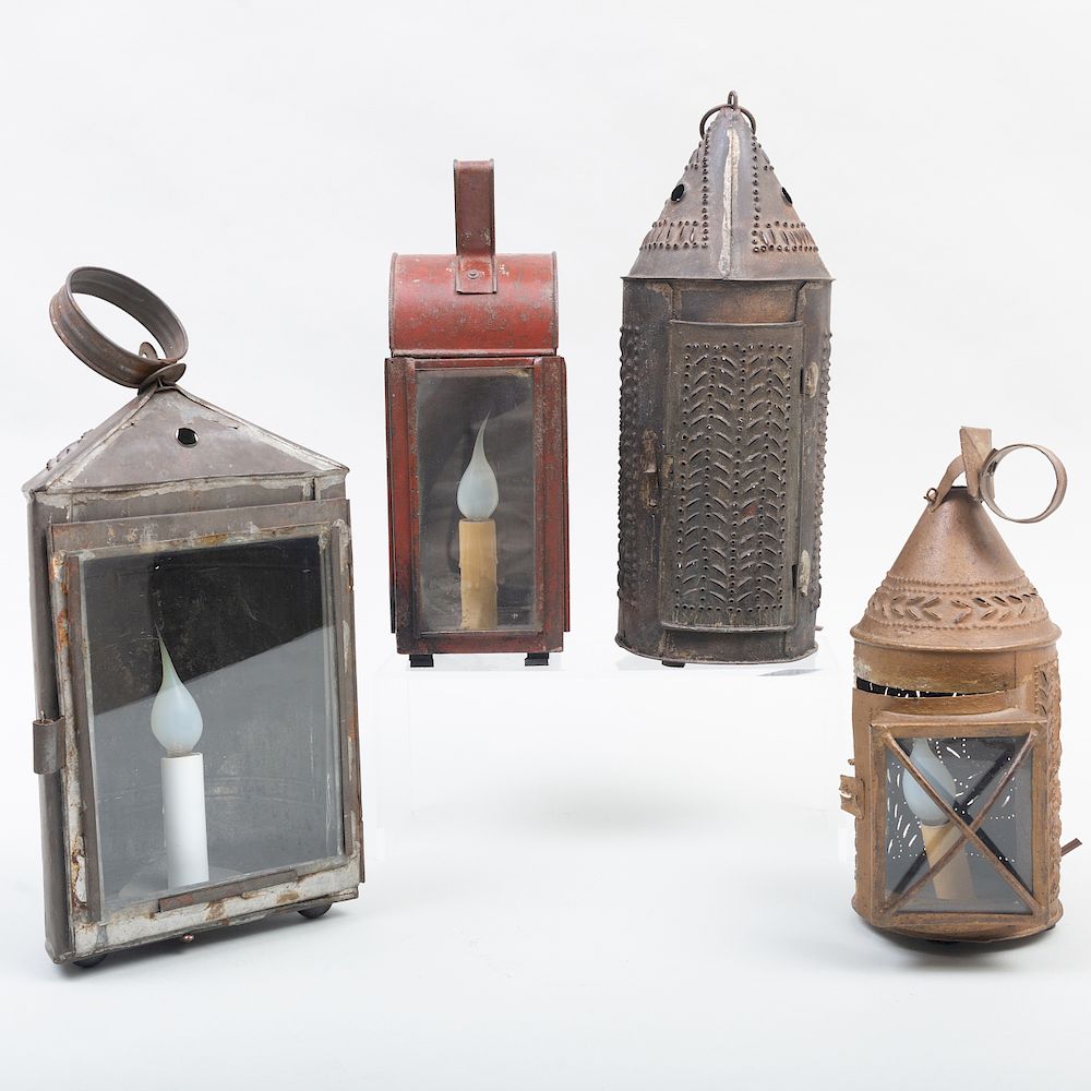 Appraisal: Group of Four Painted and Pierced Tin Lanterns All electrified