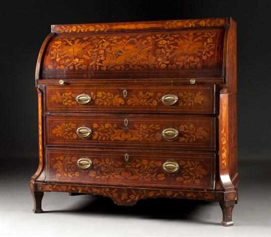 Appraisal: Dutch marquetry inlaid mahogany cylinder desk th century with reciprocal