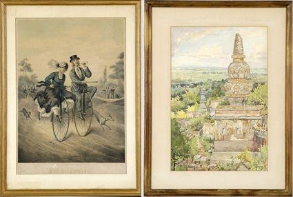 Appraisal: French School th C Les Velocipedes Hand-colored lithograph matted and