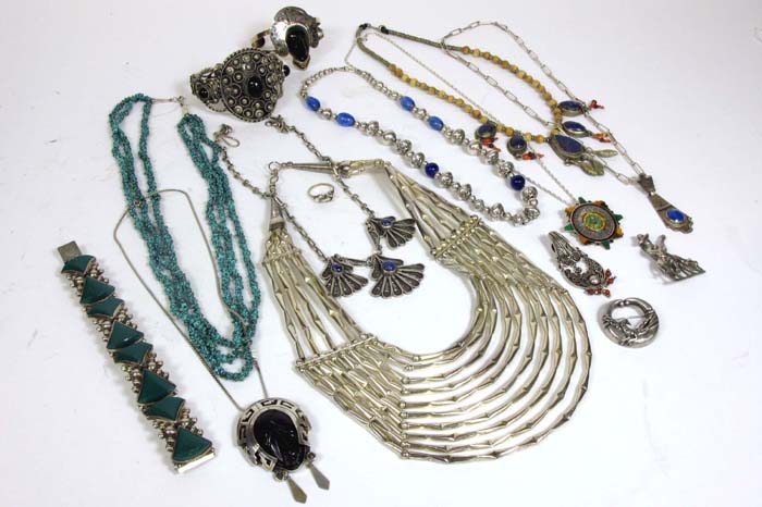 Appraisal: COLLECTION OF FOURTEEN MEXICAN SILVER AND OTHER JEWELRY Necklaces include