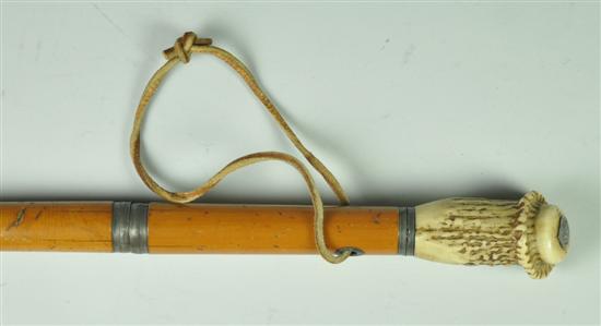 Appraisal: Sword Cane with Staghorn Grip Bamboo shaft with copper end