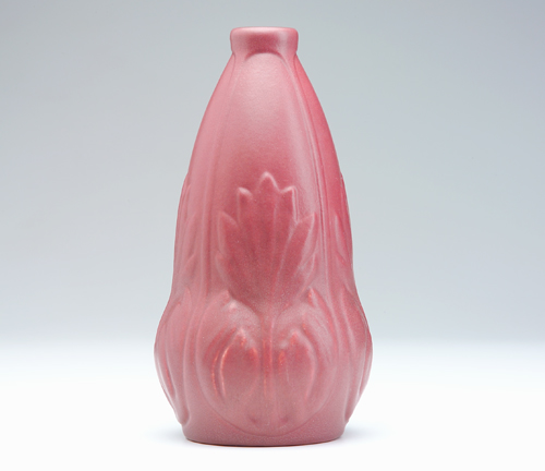 Appraisal: VAN BRIGGLE Gourd-shaped vase embossed with blossoms and leaves under