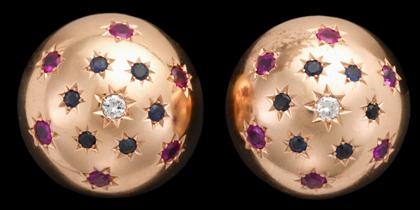 Appraisal: karat rose gold diamond sapphire and ruby earrings Dome form