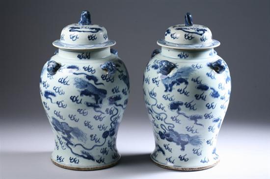 Appraisal: PAIR CHINESE BLUE AND WHITE PORCELAIN TEMPLE JARS AND COVERS