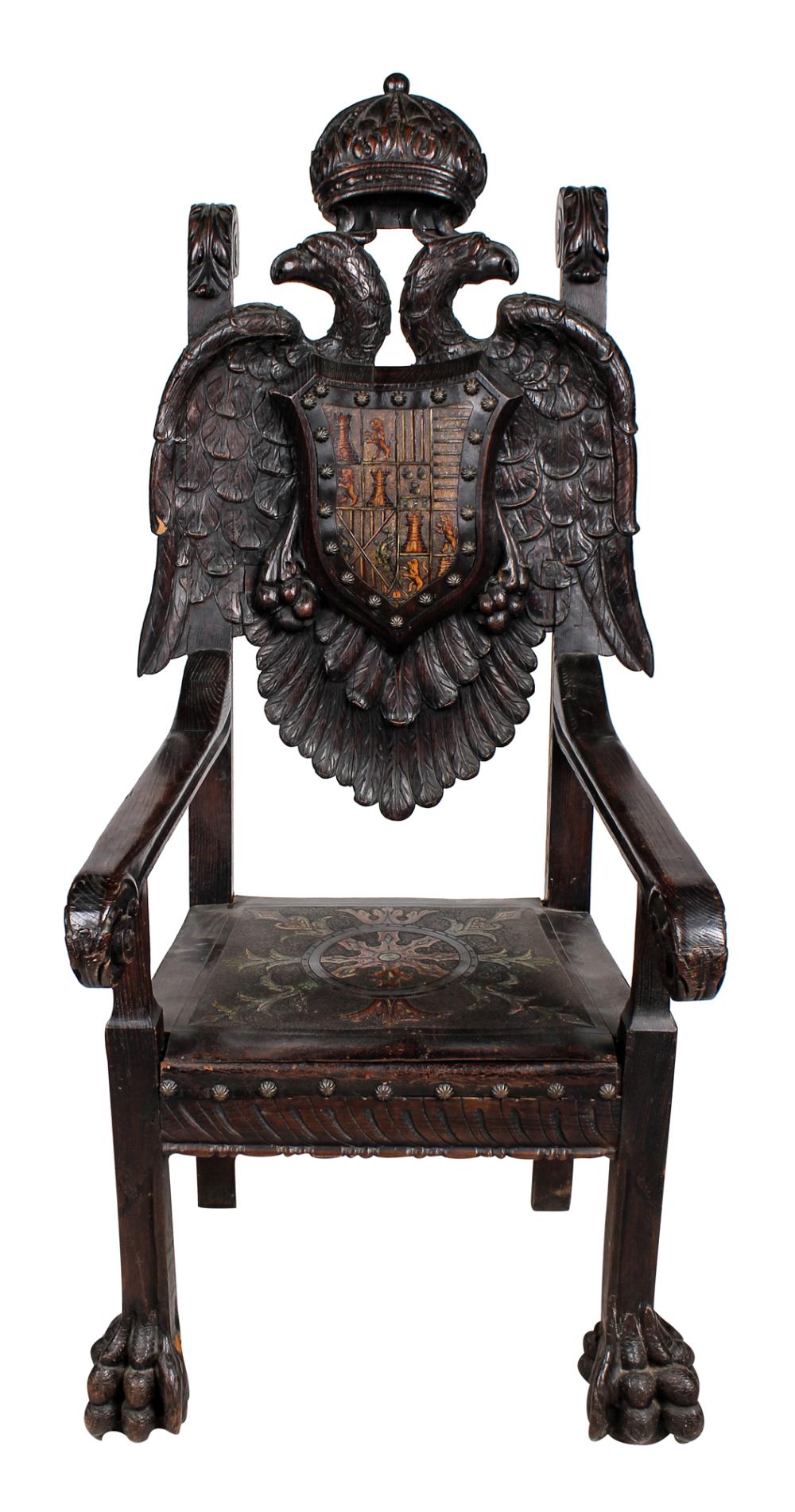 Appraisal: CONTINENTAL CARVED OAK HALL CHAIRwith tooled leather and painted seat