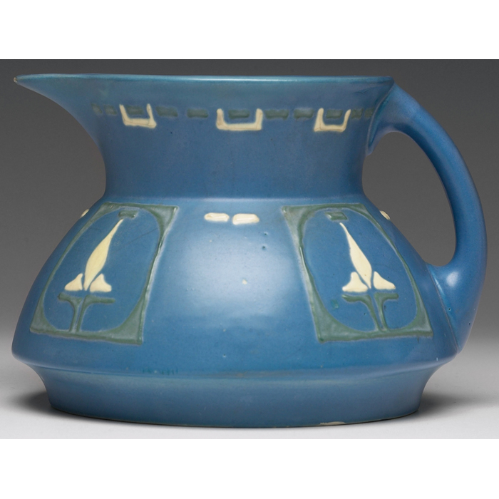 Appraisal: Roseville Aztec handled vessel bulbous shape in blue squeeze bag