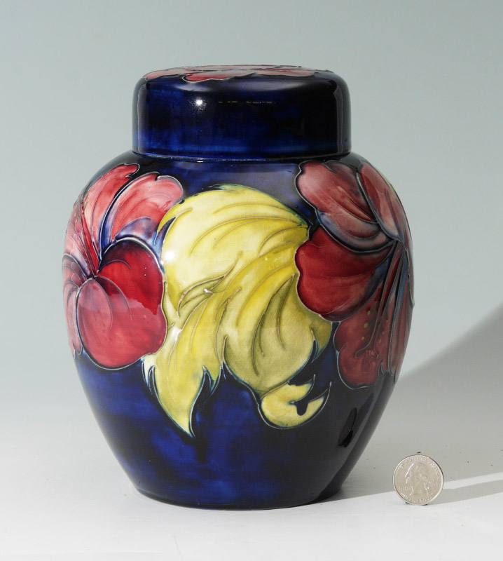 Appraisal: MOORCROFT HIBISCUS COVERED GINGER JAR Blue ground decorated with polychrome