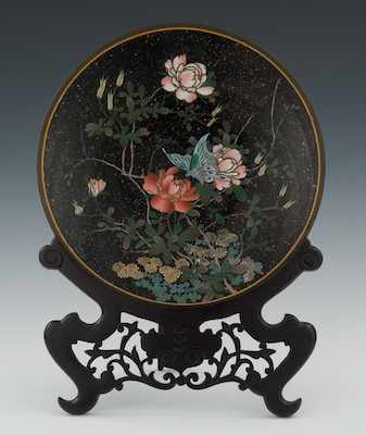 Appraisal: A Chinese Cloisonne Dish on a Carved Wood Stand Apprx