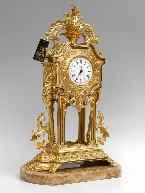 Appraisal: CONTEMPORARY LARGE GILT BRASS MANTLE CLOCK Urn finial with foliate