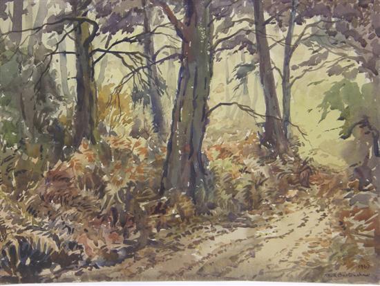 Appraisal: Keith Burtonshaw three watercolours of Surrey Woodland Path Thursley Bridge