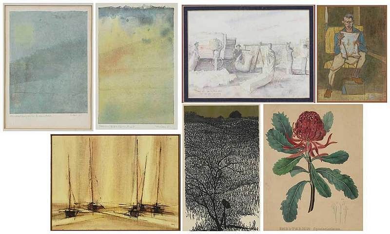 Appraisal: Seven Miscellaneous Framed Artworks one painting three mixed media works