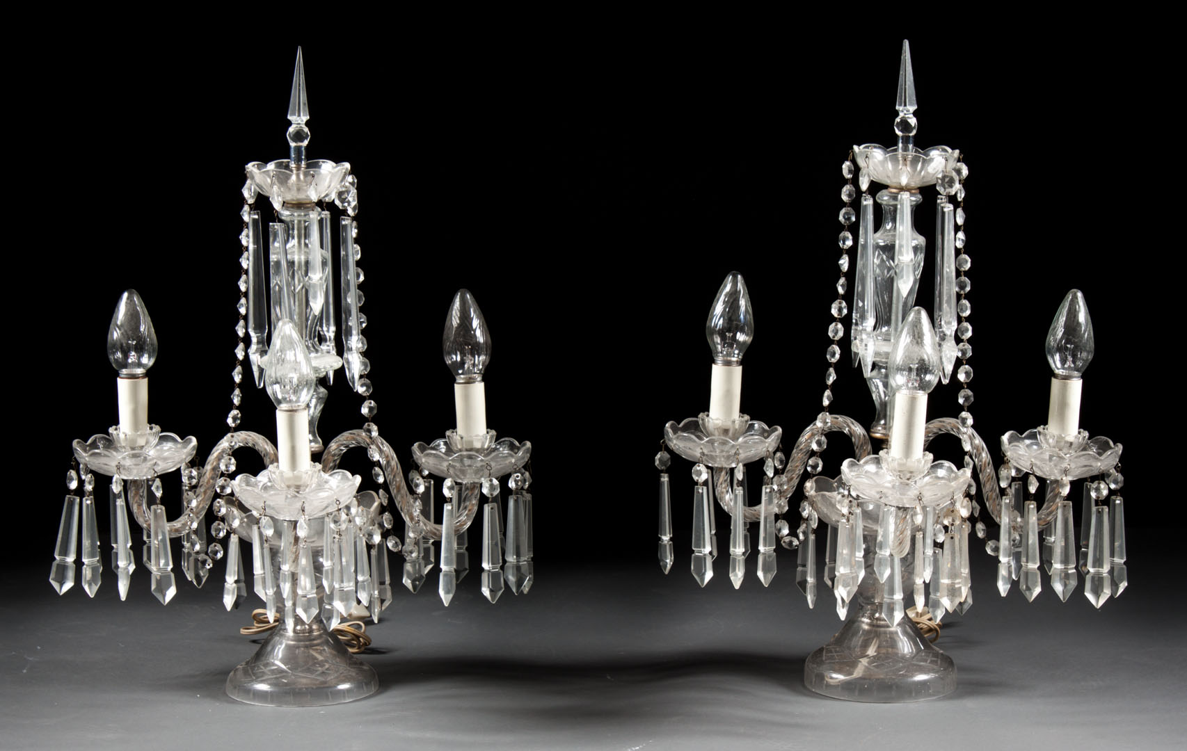 Appraisal: Pair of Czecho-Bohemian glass candelabra th century three-light candelabra with