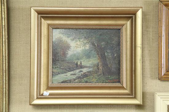 Appraisal: OIL ON CANVAS Landscape of two people in a forest