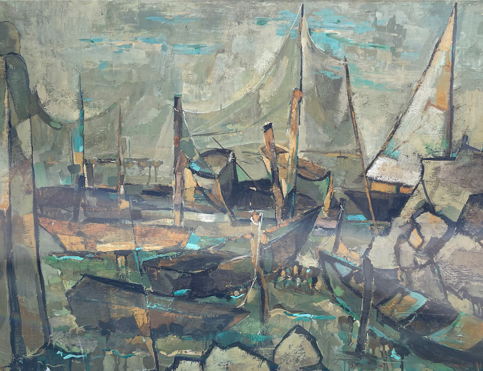 Appraisal: BABARA PODOROWSKY CUBIST DOCKSIDE PAINTING Oil Board '' x ''