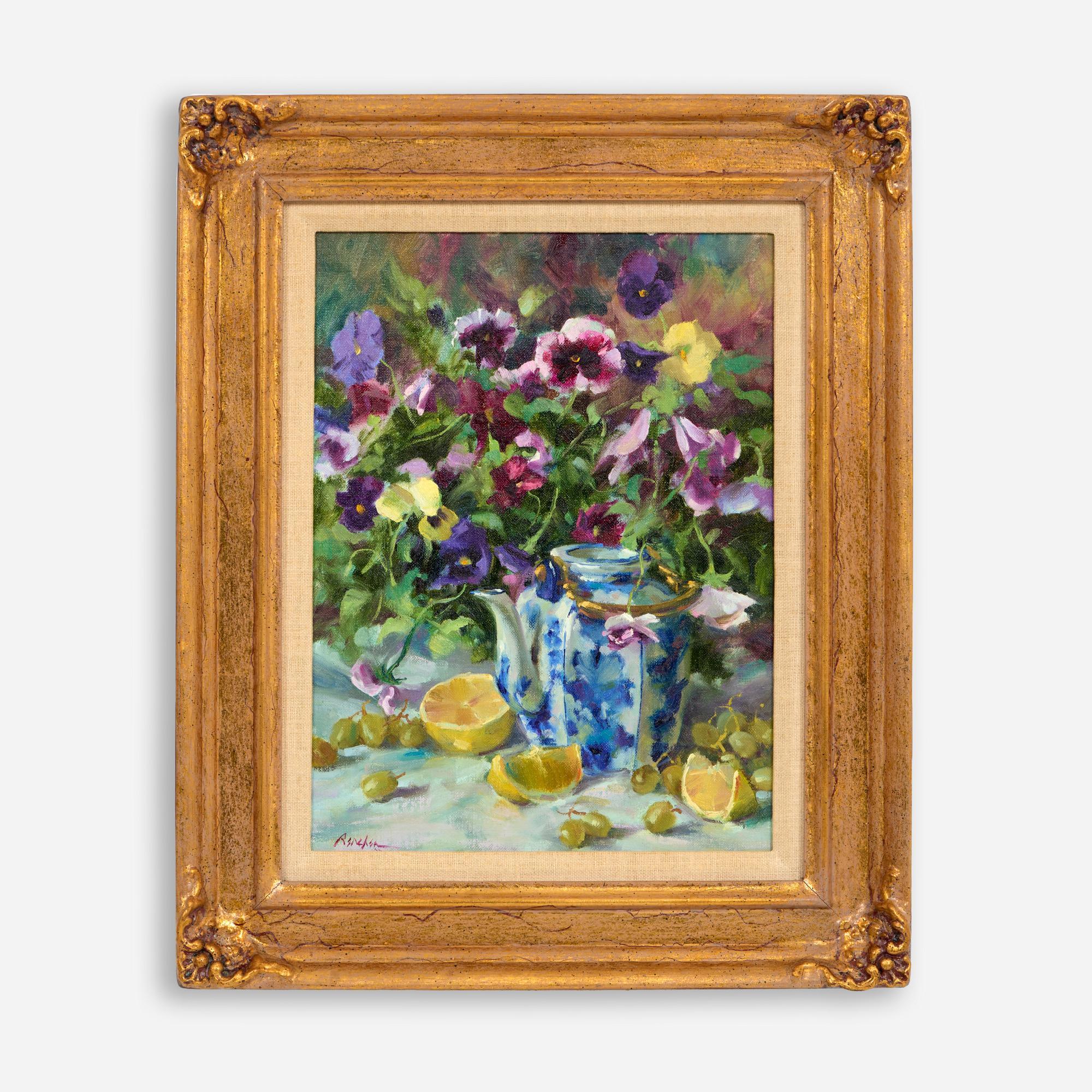 Appraisal: RON RENCHER PANSIES WITH LEMONS OIL CA S Ron Rencher