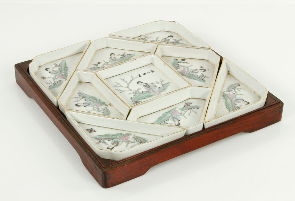 Appraisal: - Chinese Porcelain and Wood Tray Chinese tray wood with