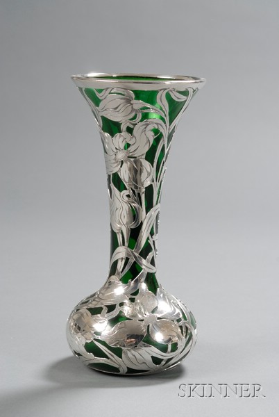 Appraisal: Silver Overlay Vase Glass and silver Early th century Green