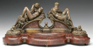 Appraisal: A TH CENTURY BRONZE AND ROUGE MARBLE DOUBLE INKWELL A