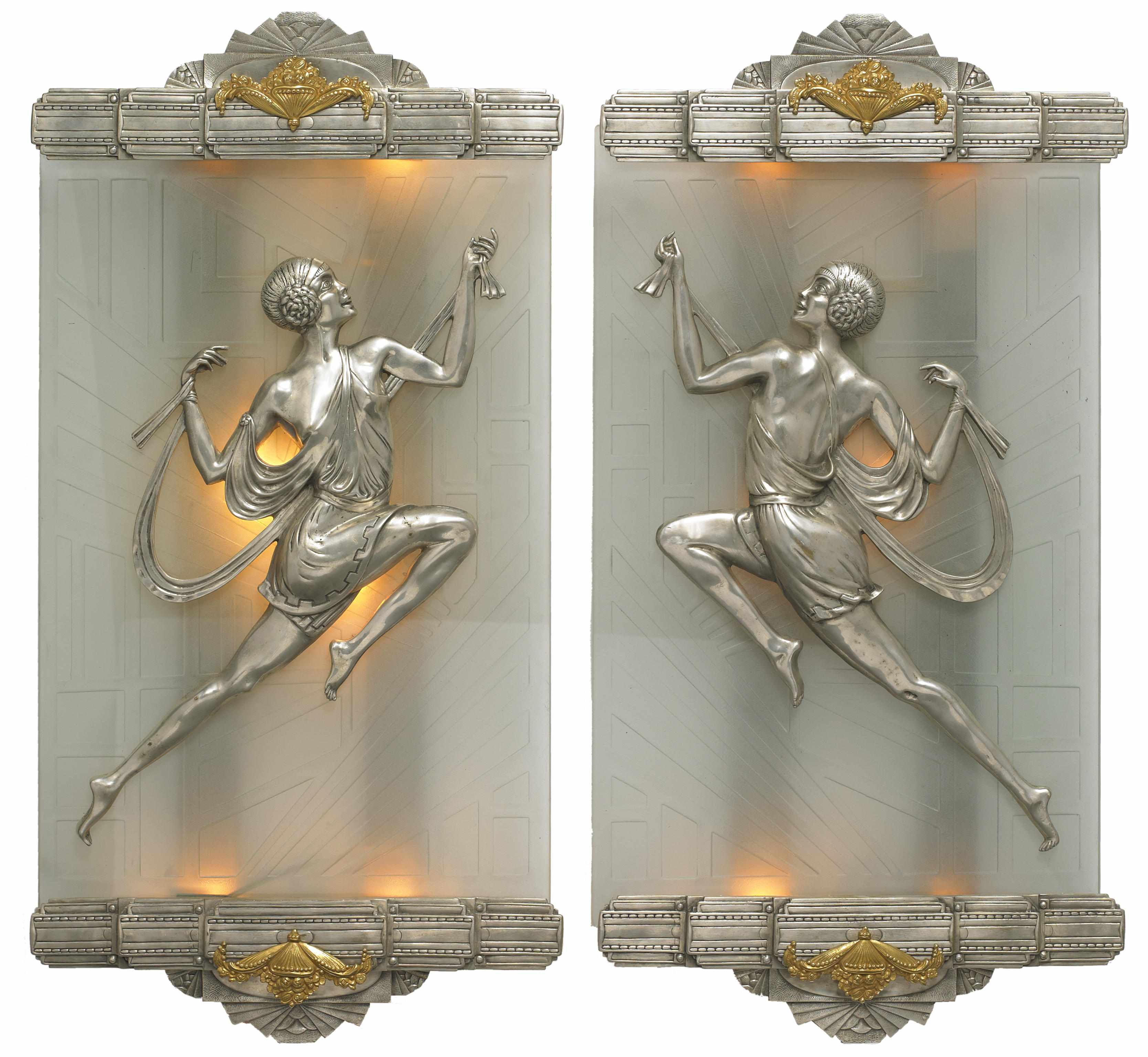 Appraisal: A pair of Art Deco style gilt and silvered bronze