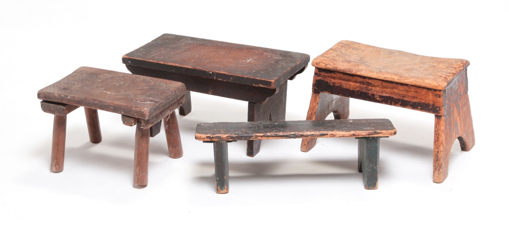 Appraisal: FOUR AMERICAN FOOT STOOLS Second half th century Small oak