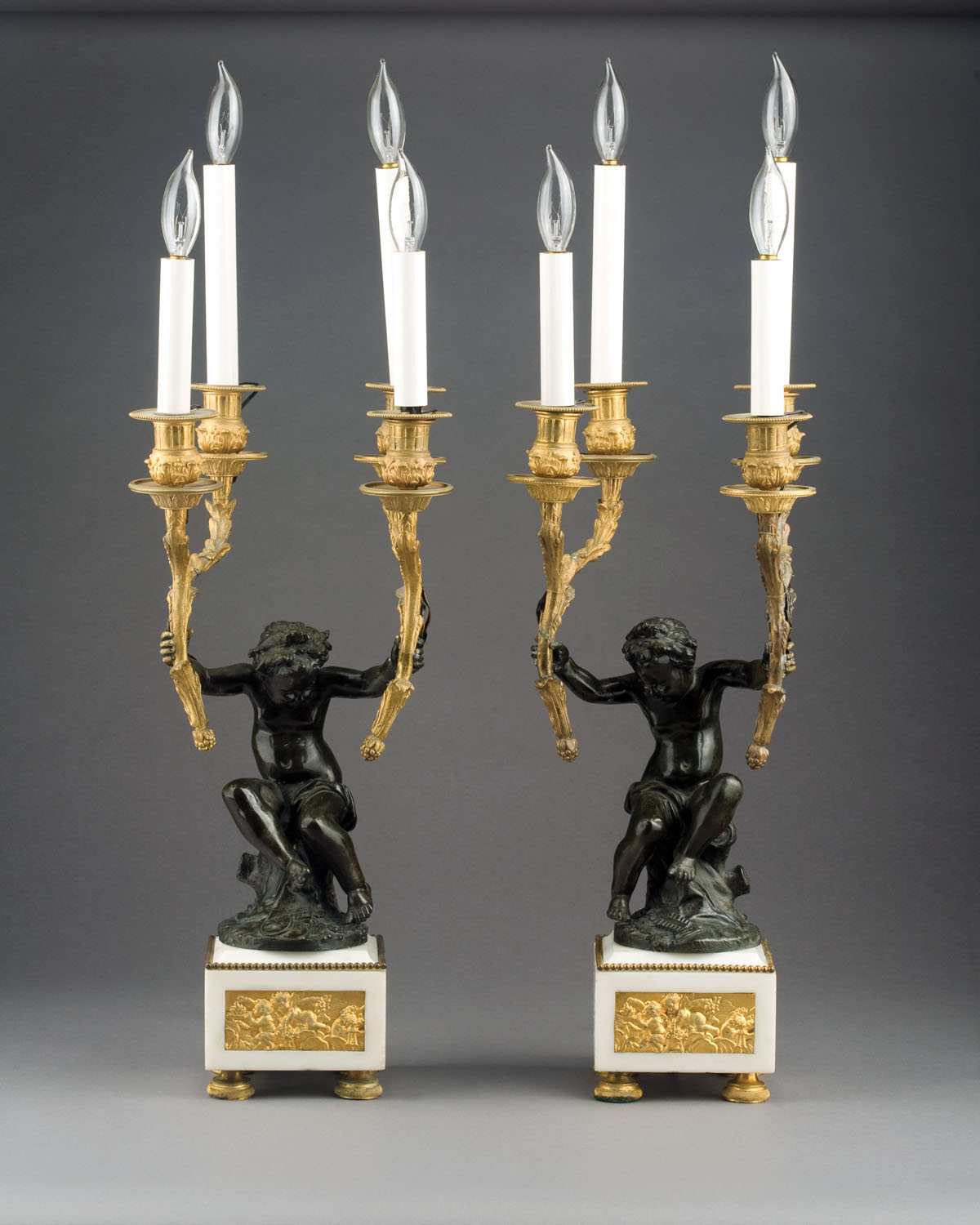 Appraisal: PAIR OF FRENCH ORMOLU PATINATED BRONZE AND MARBLE FOUR LIGHT