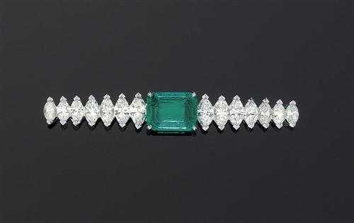 Appraisal: EMERALD AND DIAMOND BROOCH E MEISTER White gold Fancy bar