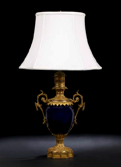 Appraisal: Attractive Napoleon III Gilt-Brass-Mounted Bleu du Roi Porcelain Vasiform Kerosene