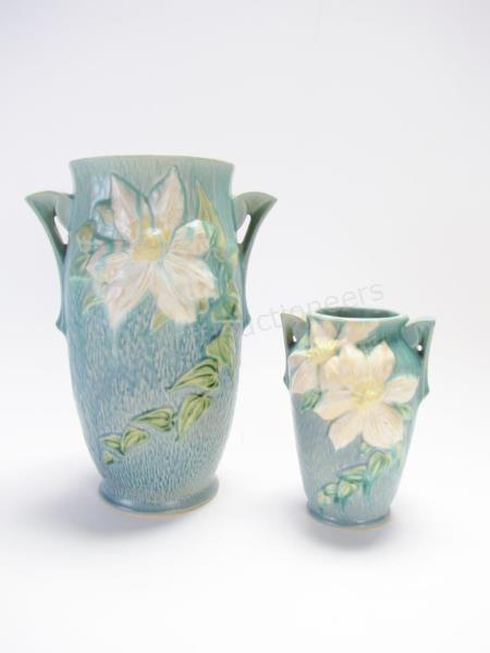 Appraisal: Two Roseville Pottery 'Clematis' Handled Vases both blue with white