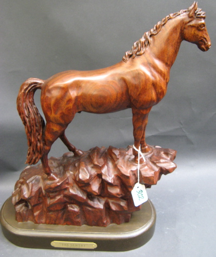 Appraisal: HAND CARVED MAHOGANY SCULPTURE titled The Sentinel a stallion standing