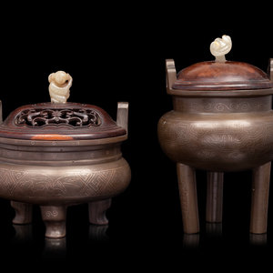 Appraisal: Two Chinese Silver Inlaid Bronze Tripod Incense Burners each of