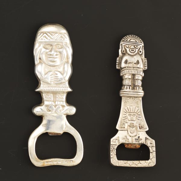 Appraisal: TWO PERUVIAN STERLING BOTTLE OPENERS Two figural bottle openers each