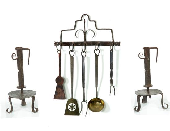 Appraisal: WROUGHT IRON RACK WITH UTENSILS American th and th century