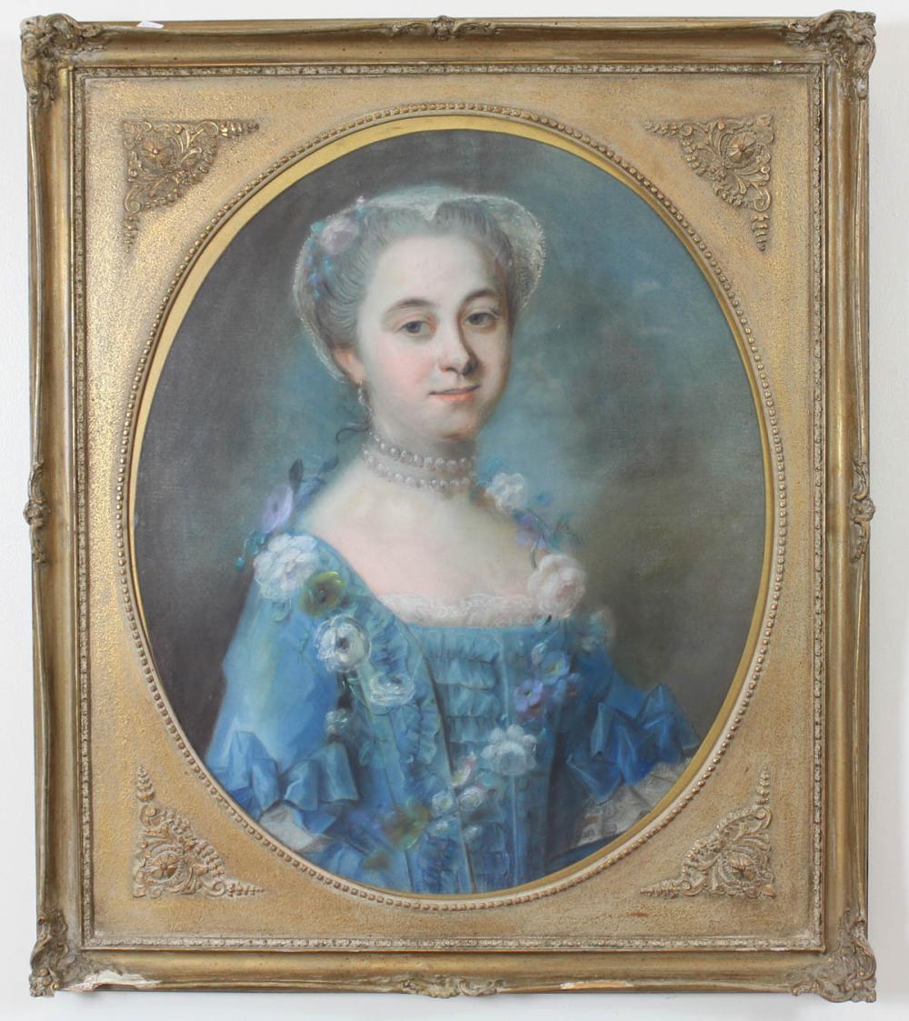 Appraisal: PASTEL ON CANVAS portrait of a woman with pearl necklace