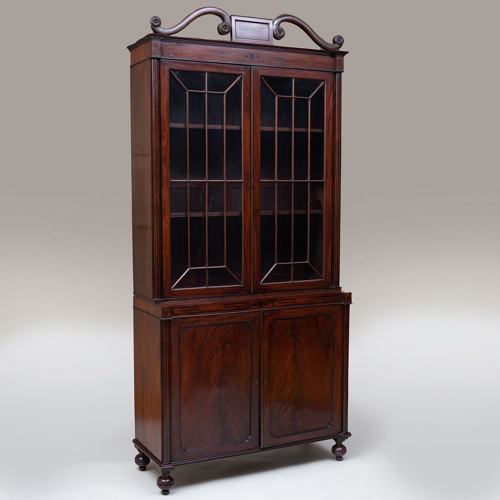 Appraisal: Regency Mahogany and Ebony Inlaid Bookcase Cabinet In two parts