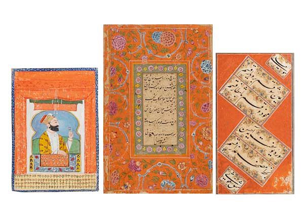 Appraisal: Two Persian calligraphic leaves pictorial leaf Two Persian illuminated calligraphic