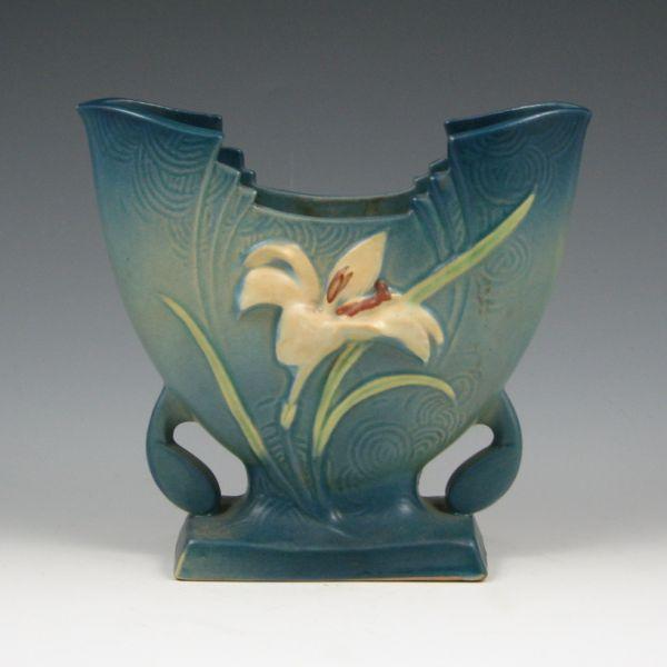 Appraisal: Roseville Zephyr Lily fan vase in blue Marked Roseville USA